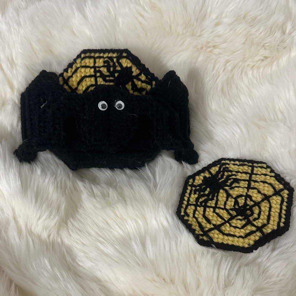 Handmade spider and web coaster set